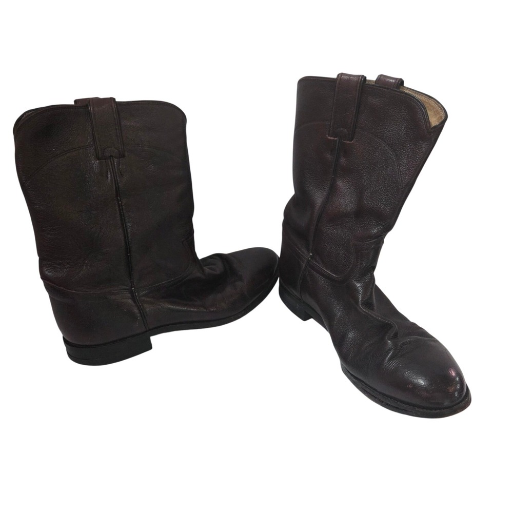 Vintage Justin 3435 Mens Black Cherry Leather Roper Boots Round Toe Wide 10 EE